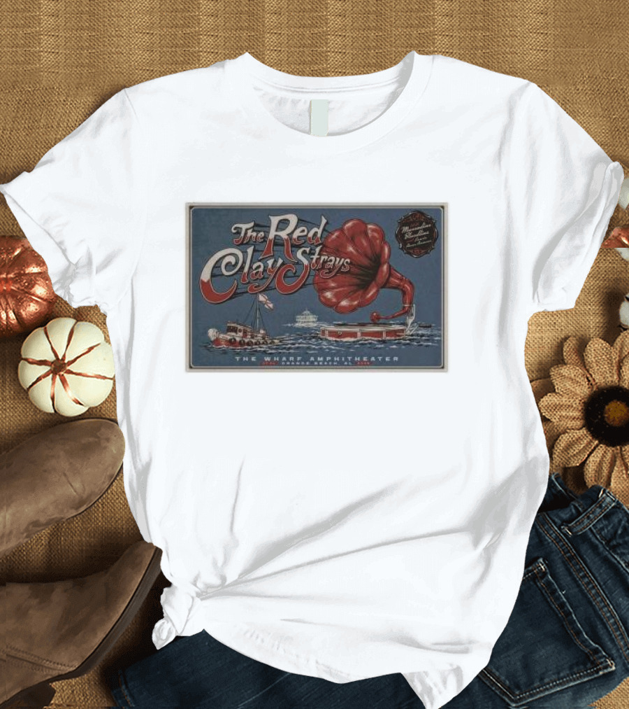 The Red Clay Strays July 4 2024 The Wharf Amphitheater Orange Beach AL Vintage Gramophone Boat Scene T-Shirt