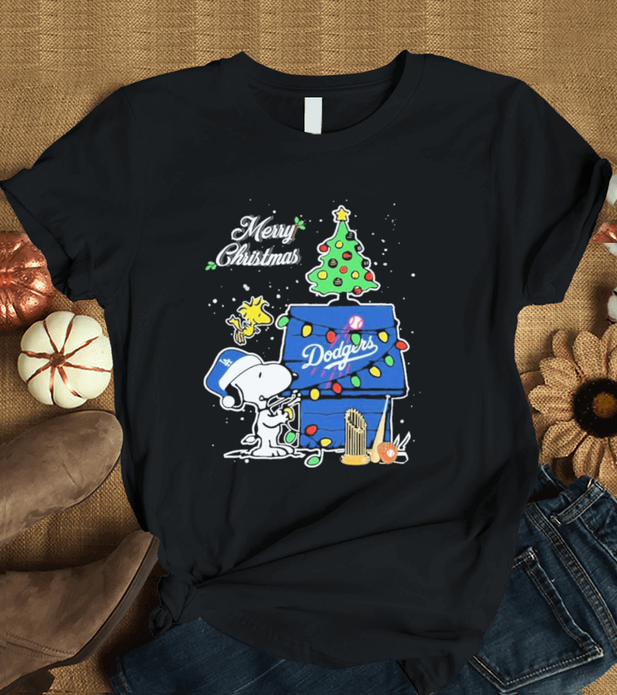 Merry Christmas Snoopy Los Angeles Dodgers Tree Lights Woodstock T-Shirt