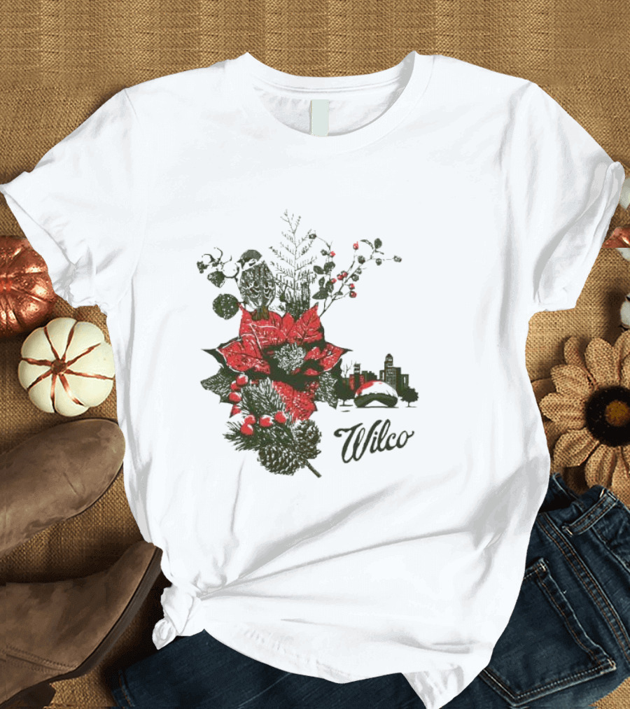 Wilco Holiday Merry Christmas 2024 Festive Poinsettia and Cityscape T-Shirt