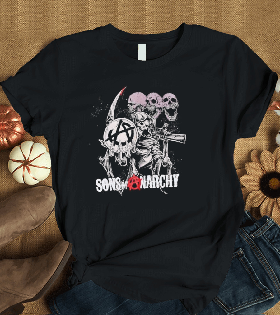 Sons of Anarchy Grim Reaper Skulls with Scythe and Gun T-Shirt