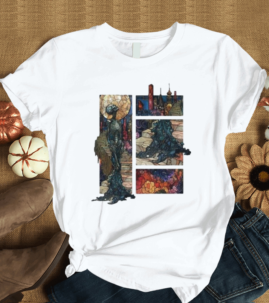 Zedd Descensus 2024 Stained Glass Skeleton and Cityscape Fantasy T-Shirt