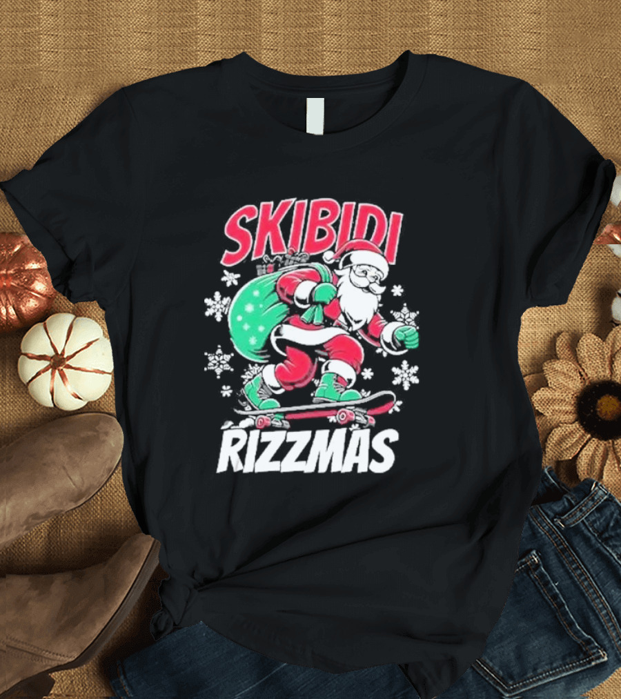 Skibidi Rizzmas Santa Claus Skateboarding Christmas T-Shirt