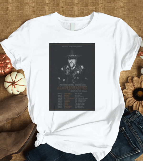 T-Shirt: Red Crust Promotions Presents Alain Johannes and Earl of Hell United Kingdom and Ireland 2024 Tour T-Shirt Red Crust Promotions Presents Alain Johannes and Earl of Hell United Kingdom and Ireland 2024 Tour T-Shirt