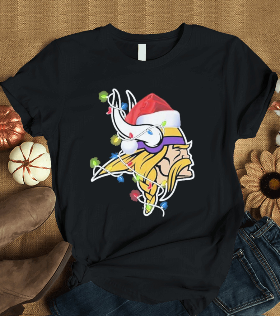 Minnesota Vikings Merry Christmas 2D Santa Hat Lights T-Shirt