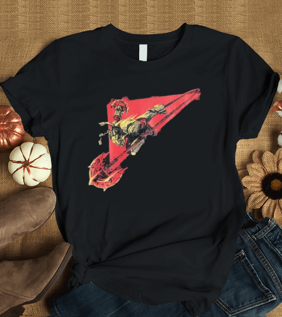 Arcane Ambessa Warrior Riding Battle Axe on Red Triangular Path T-Shirt
