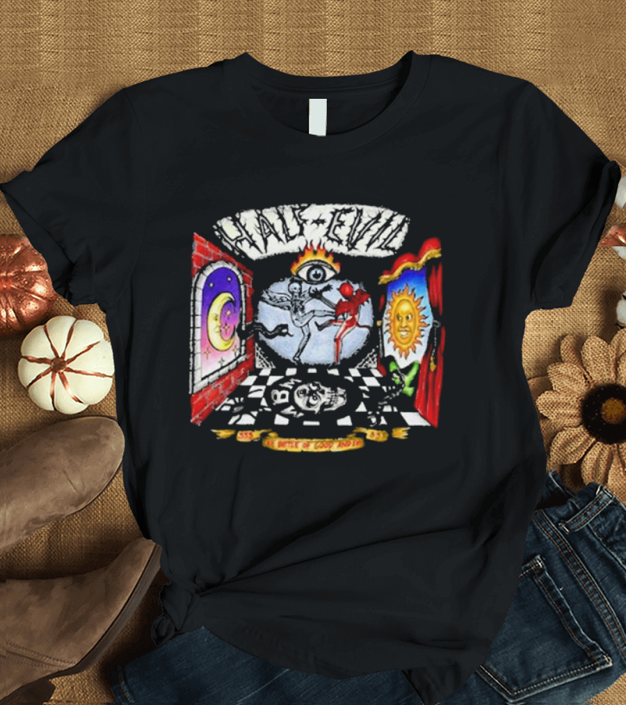 Half Evil 333 Sun Moon Skeleton Dance Battle Of Good Vs Evil T-Shirt