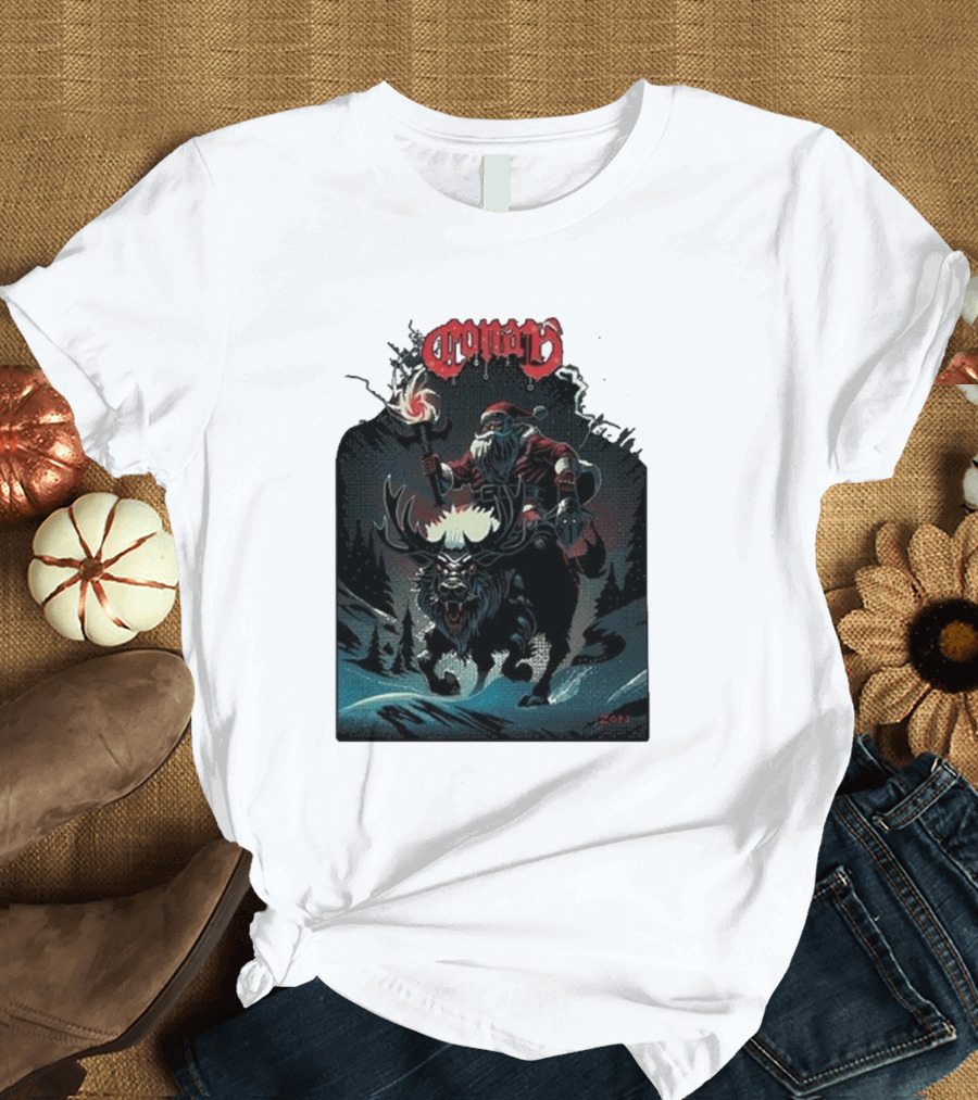 Conan Merry Chrushmas Santa Riding Mythical Beast Torch Dark Forest Scene T-Shirt