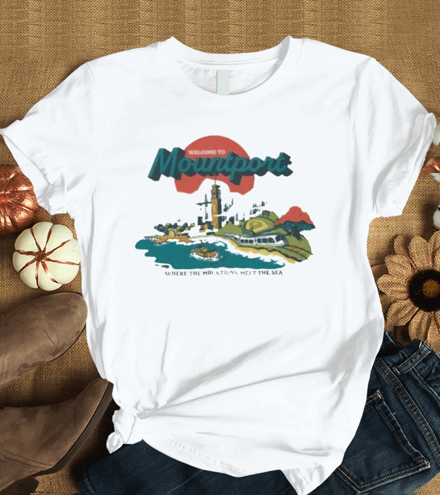 Welcome to Mountport Where the Mountains Meet the Sea Lighthouse and Coastal Landscape T-Shirt