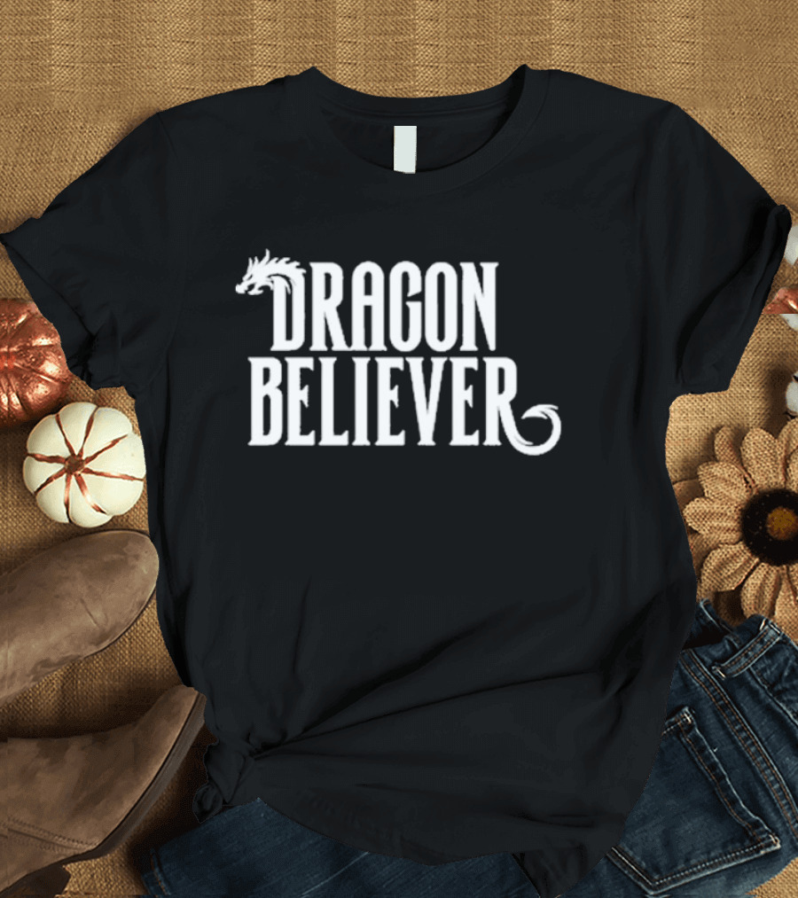 Dragon Believer Fantasy Typography with Dragon Head Accent T-Shirt