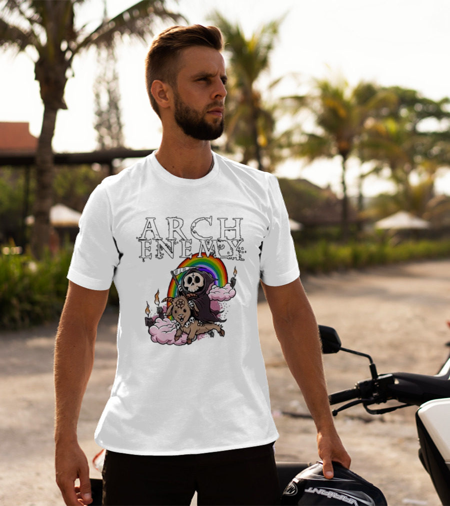Arch Enemy Rainbow Reaper On Goat With Candles And Clouds T-Shirt