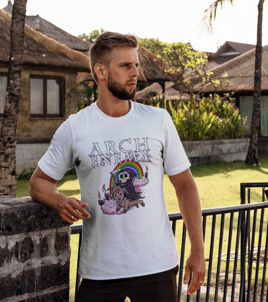 Arch Enemy Rainbow Reaper On Goat With Candles And Clouds T-Shirt