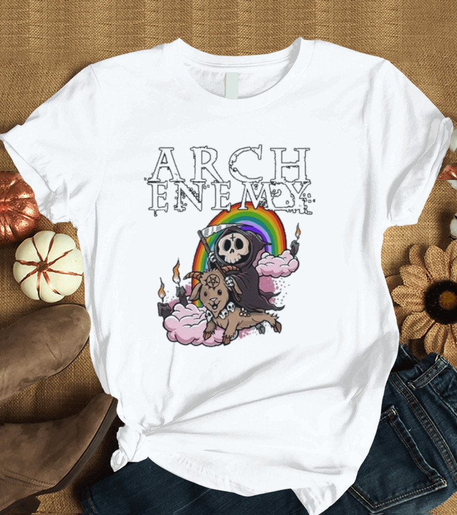 Arch Enemy Rainbow Reaper On Goat With Candles And Clouds T-Shirt