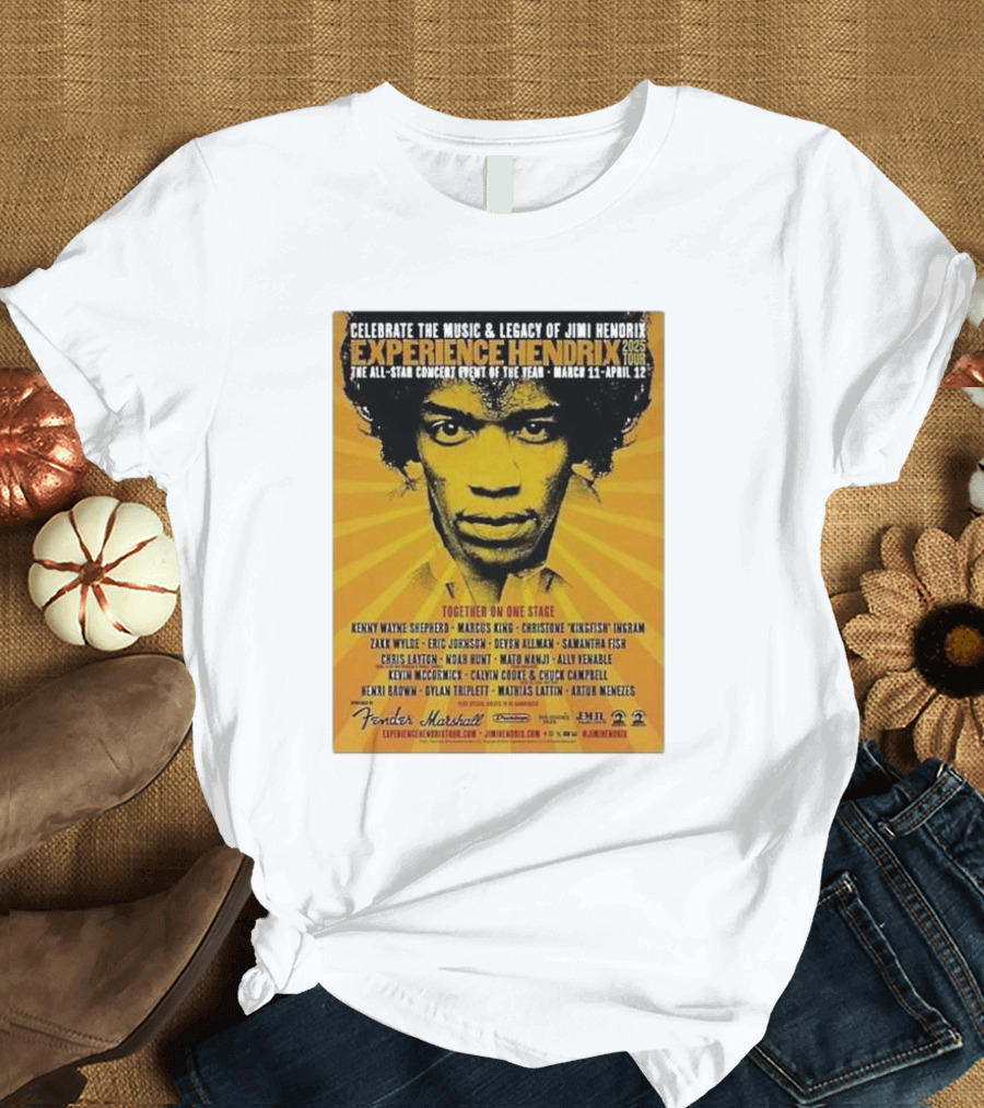 Celebrate Jimi Hendrix Music Legacy Experience Hendrix 2025 Tour with Zakk Wylde Kenny Wayne Shepherd Marcus King and More March 11-April 12 T-Shirt