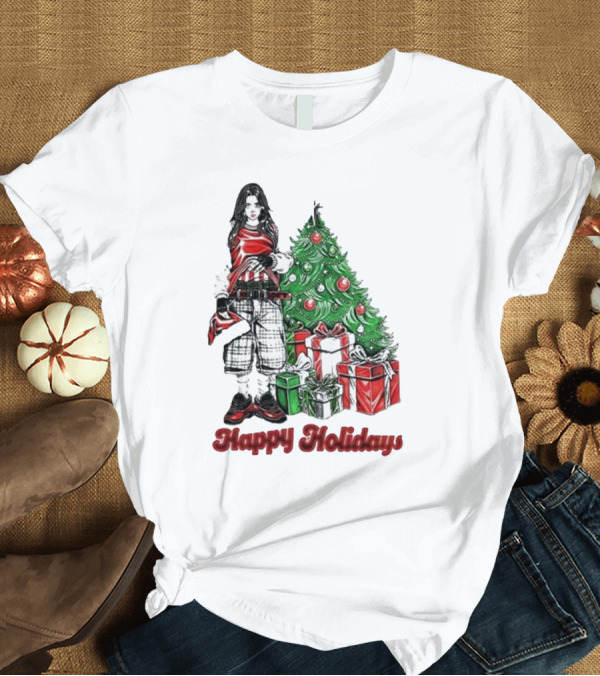 T-Shirt: Billie Eilish Happy Holidays Christmas Tree Presents T-Shirt Billie Eilish Happy Holidays Christmas Tree Presents T-Shirt