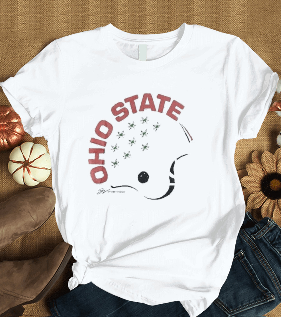 Ohio State Helmet Design with Buckeye Leaves T-Shirt