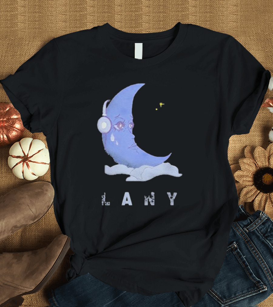 Lany Moon Crying Blue Crescent with Headphones and Clouds T-Shirt