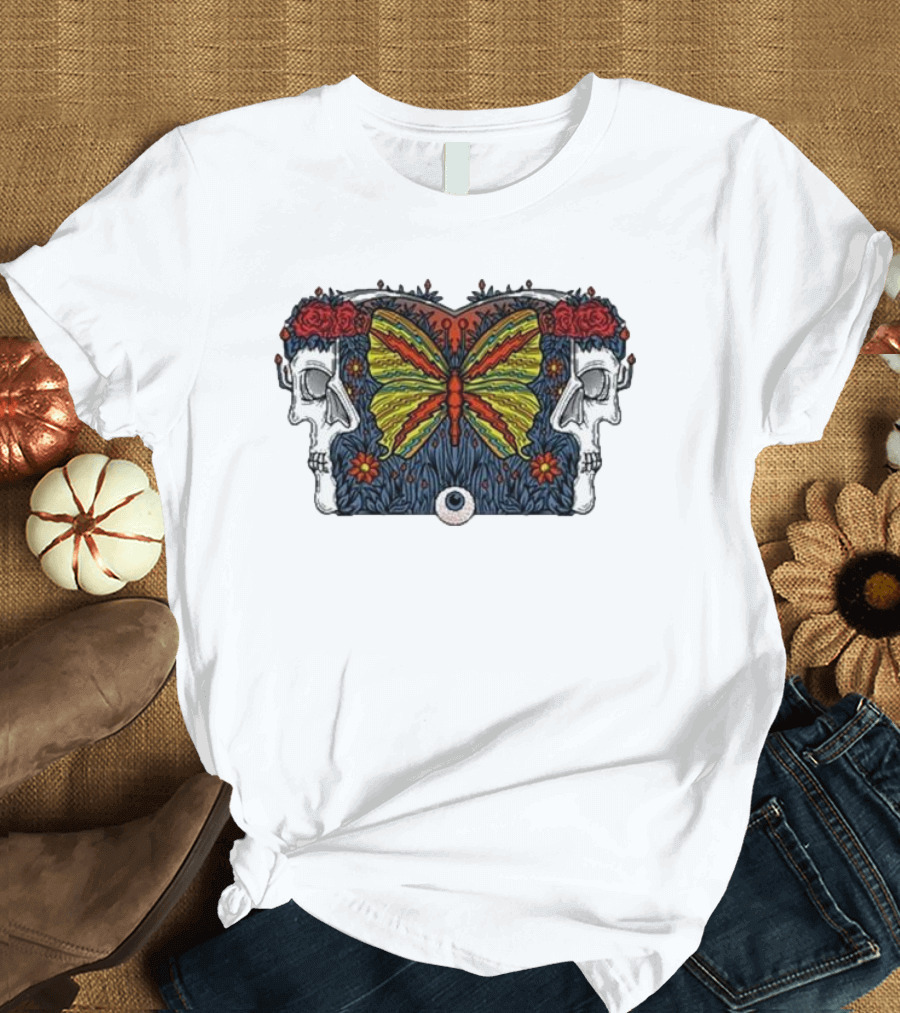 This Old Engine Two Worlds Skull and Butterfly Symmetry with Roses and Floral Elements T-Shirt