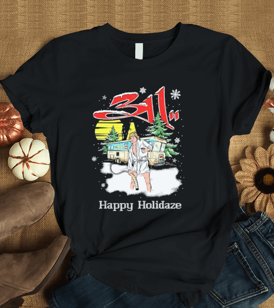 311 Happy Holidaze Christmas Vacation Scene with RV and Snowy Trees T-Shirt
