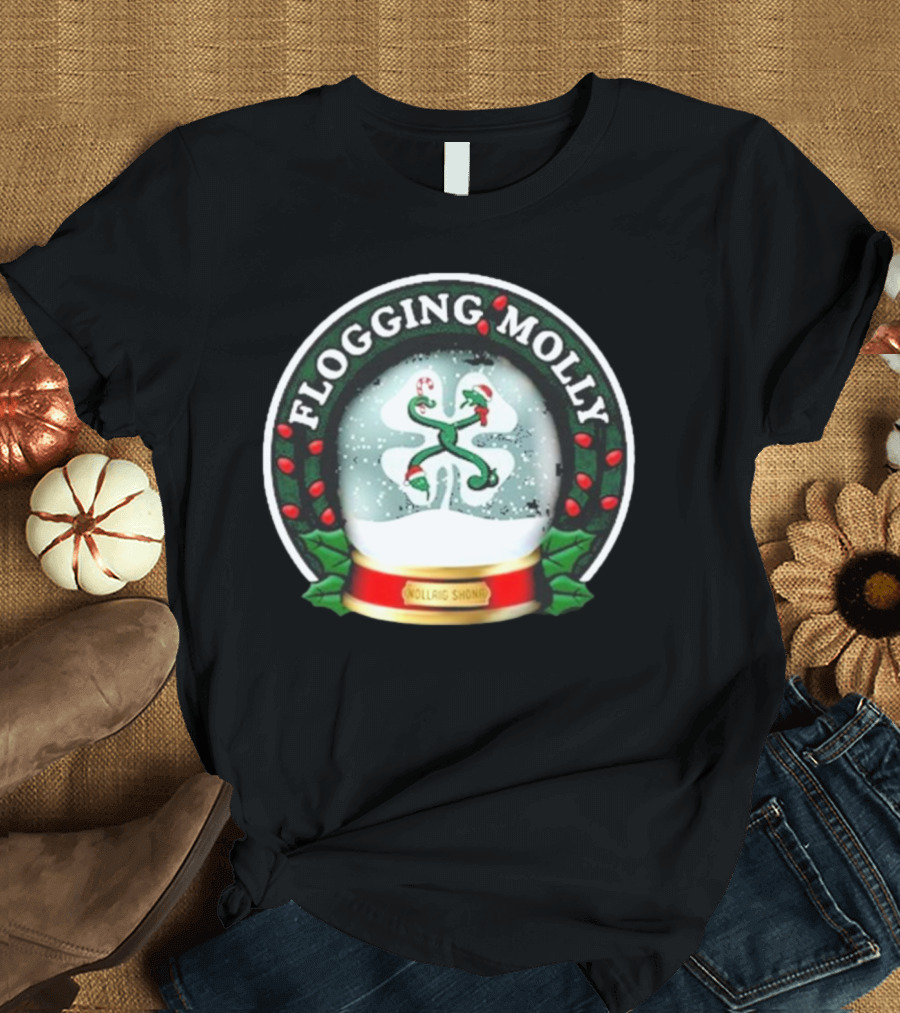 Flogging Molly Nollaig Shona Snow Globe with Holly Red Green White T-Shirt