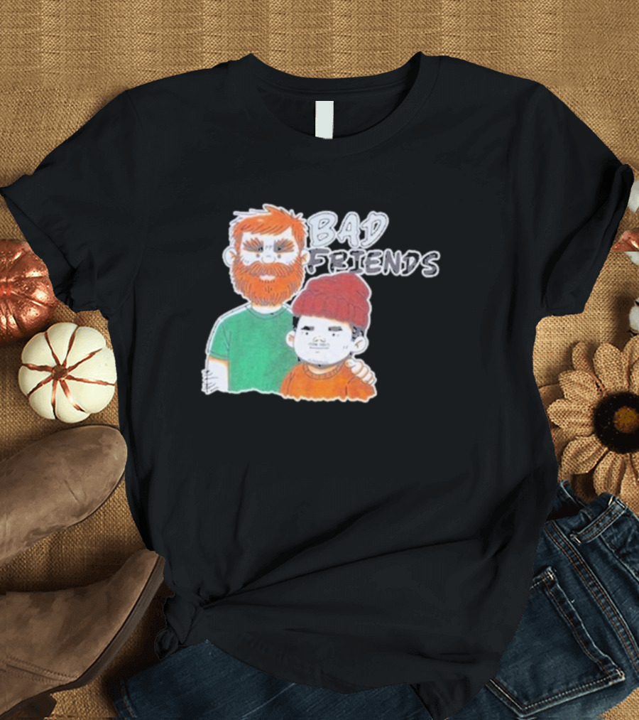 Bad Friends Cartoon Characters with Beard and Beanie T-Shirt