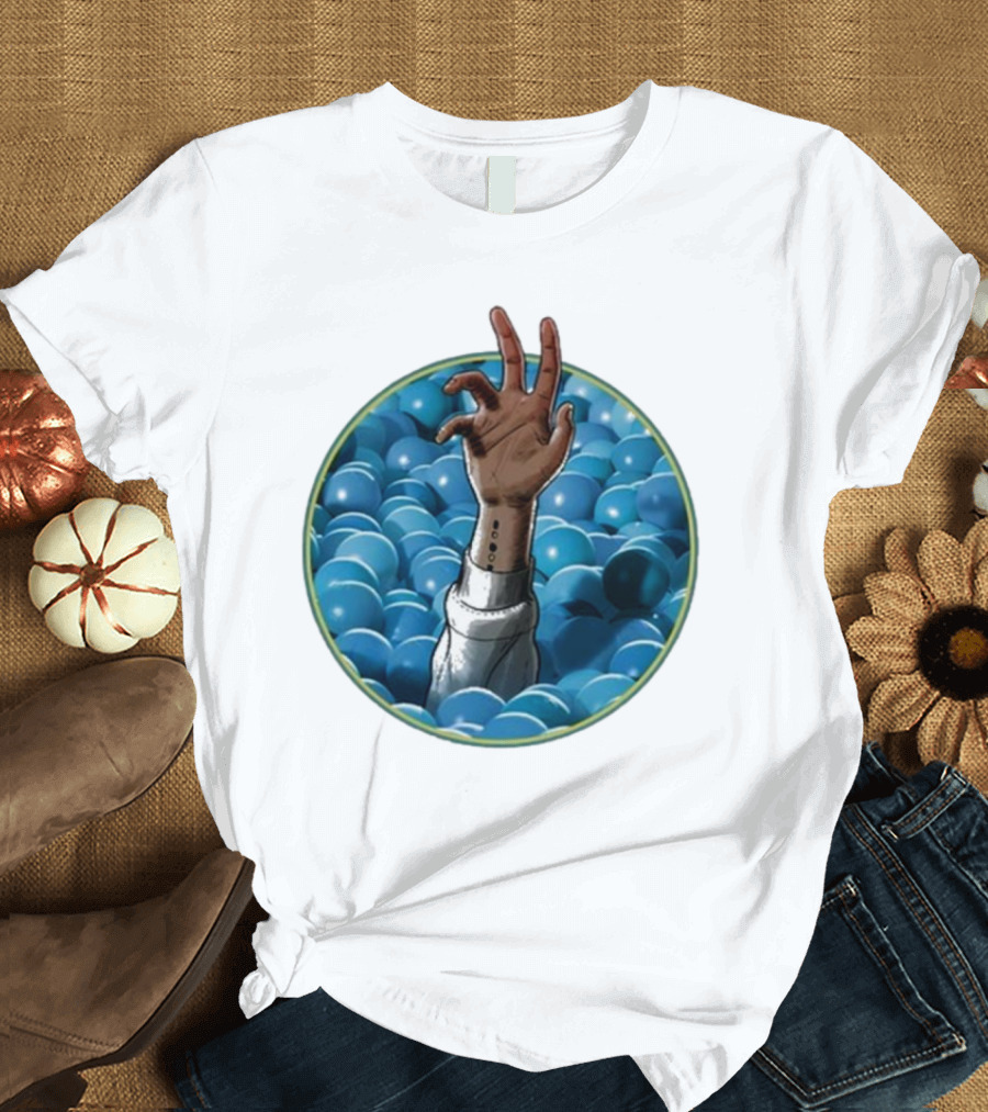 Hand Reaching Out of Blue Ballpit Sphere T-Shirt