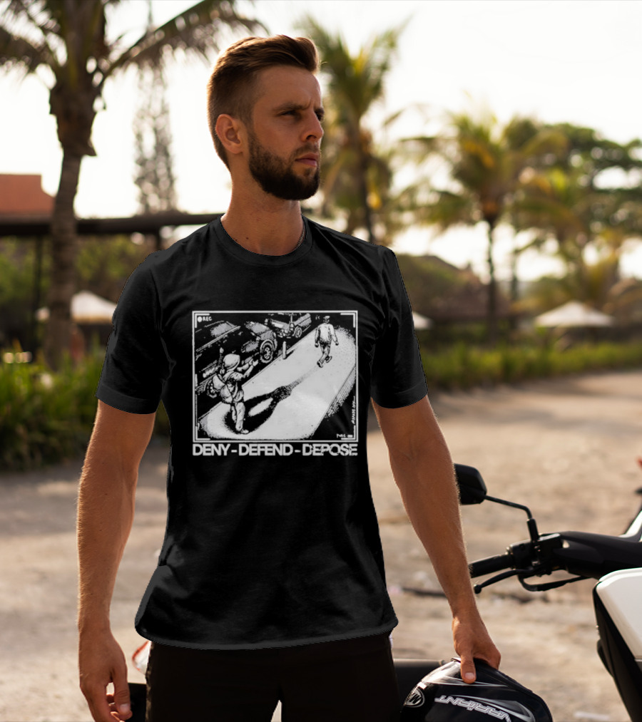 Deny Defend Depose Punk With A Camera Street Confrontation Scene T-Shirt