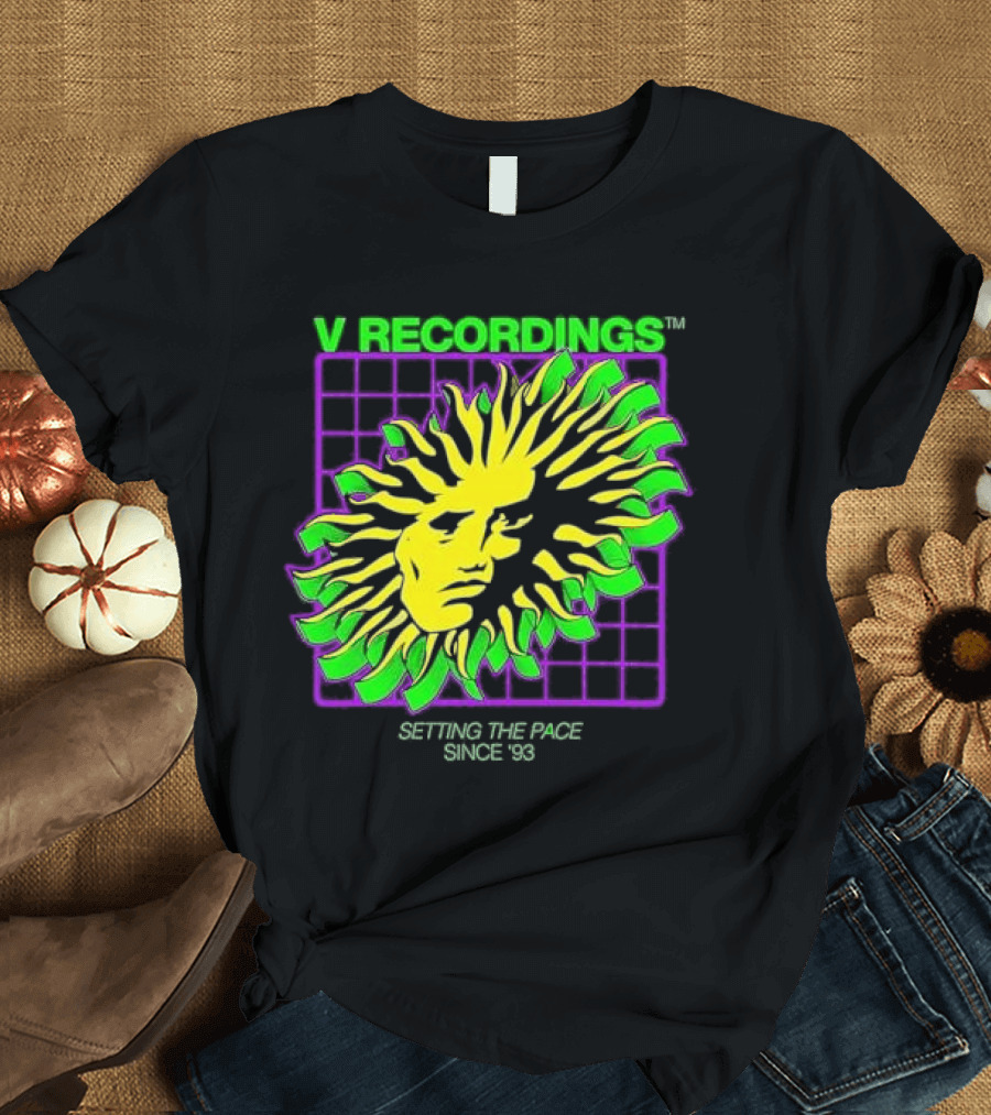 V Recordings Setting The Pace Since 93 Sunburst Face Retro Grid T-Shirt