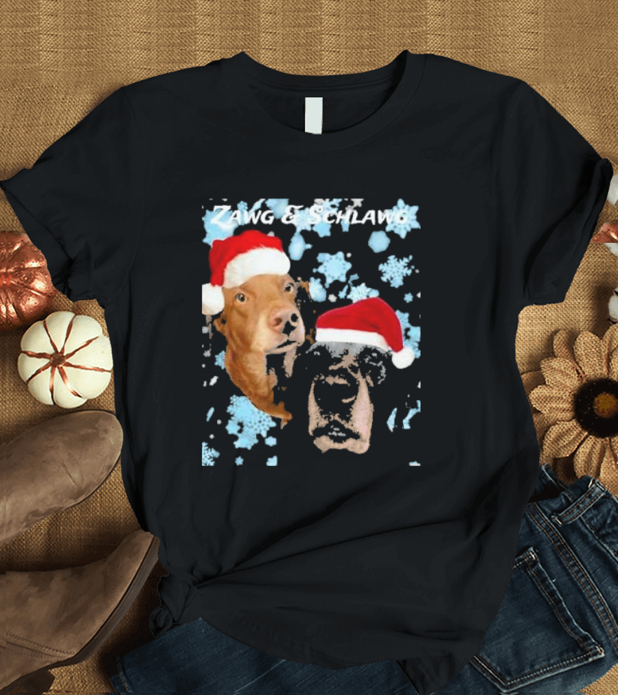 Zawg and Schlawg Christmas Dogs with Santa Hats and Snowflakes T-Shirt