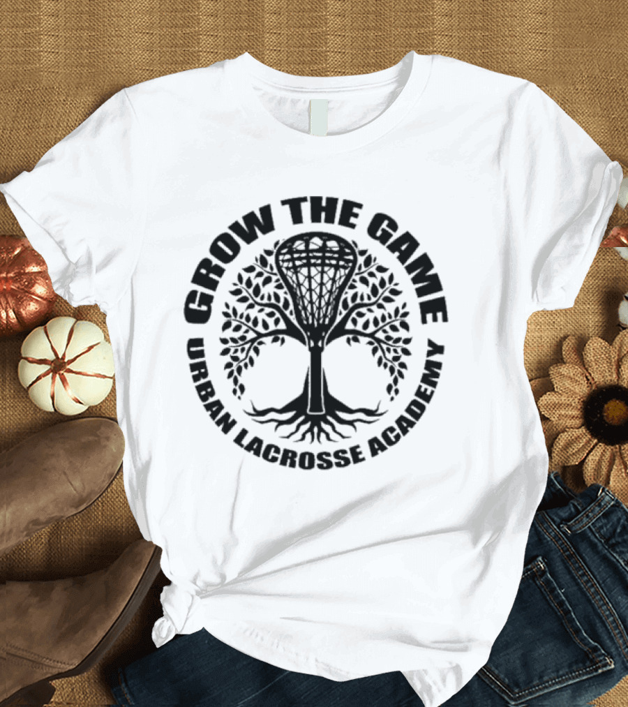 Grow The Game Urban Lacrosse Academy Tree Logo Roots and Lacrosse Stick T-Shirt