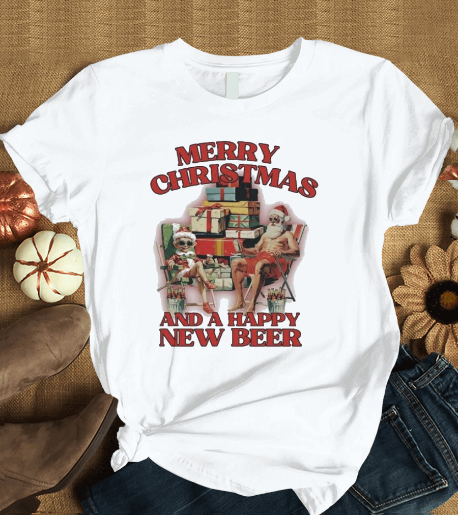 Merry Christmas and a Happy New Beer Skeleton Santa and Elf with Gifts T-Shirt
