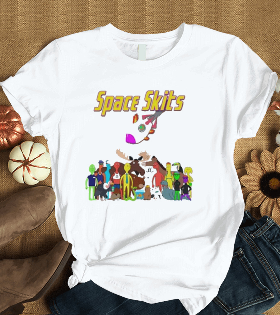Space Skits Cartoon Characters and Whimsical Alien Crew T-Shirt