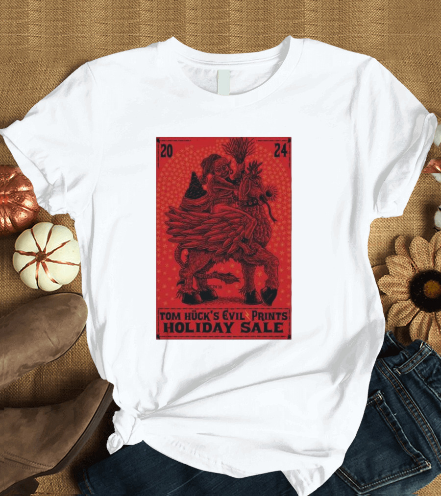 Tom Huck's Evil Prints Holiday Sale 2024 Riding Mythical Creature with Santa Figure T-Shirt