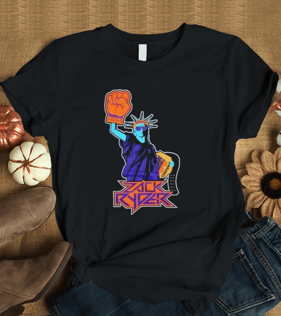 Zack Ryder Fashioned Liberty Holding Champion Belt Statue T-Shirt