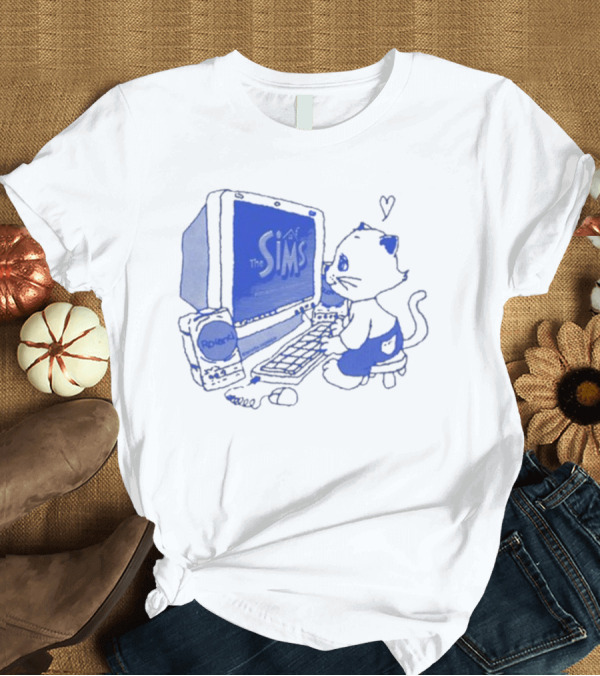 T-Shirt: The Sims Loading Screen Cat Computer 90s Nostalgia Blue Graphics T-Shirt The Sims Loading Screen Cat Computer 90s Nostalgia Blue Graphics T-Shirt