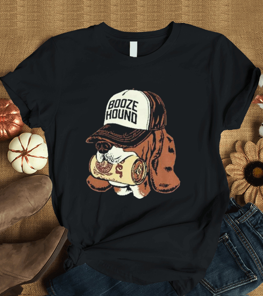 Booze Hound Dog Wearing Cap Holding Beer Can T-Shirt