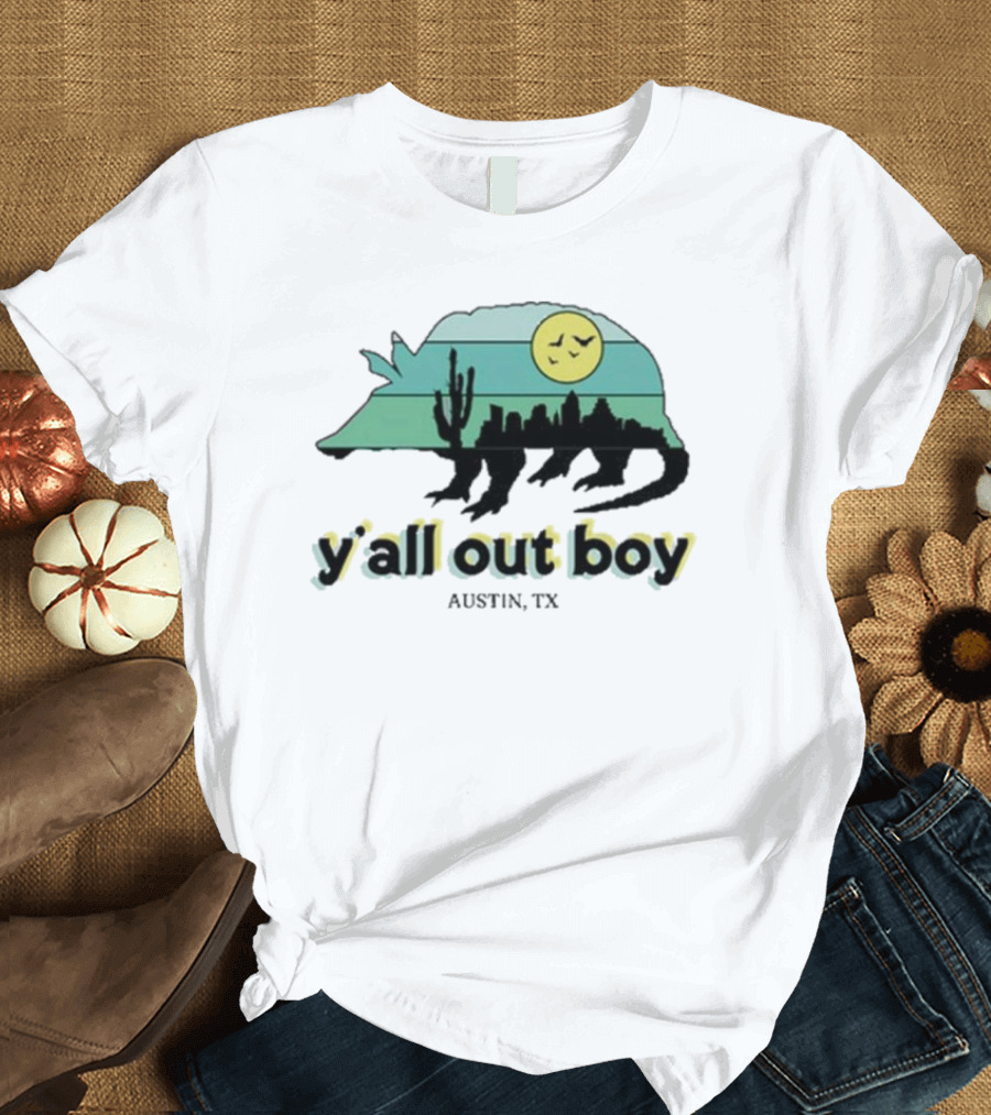 Y'all Out Boy Armadillo Austin TX Blue Gold Cactus Moon Skyline T-Shirt