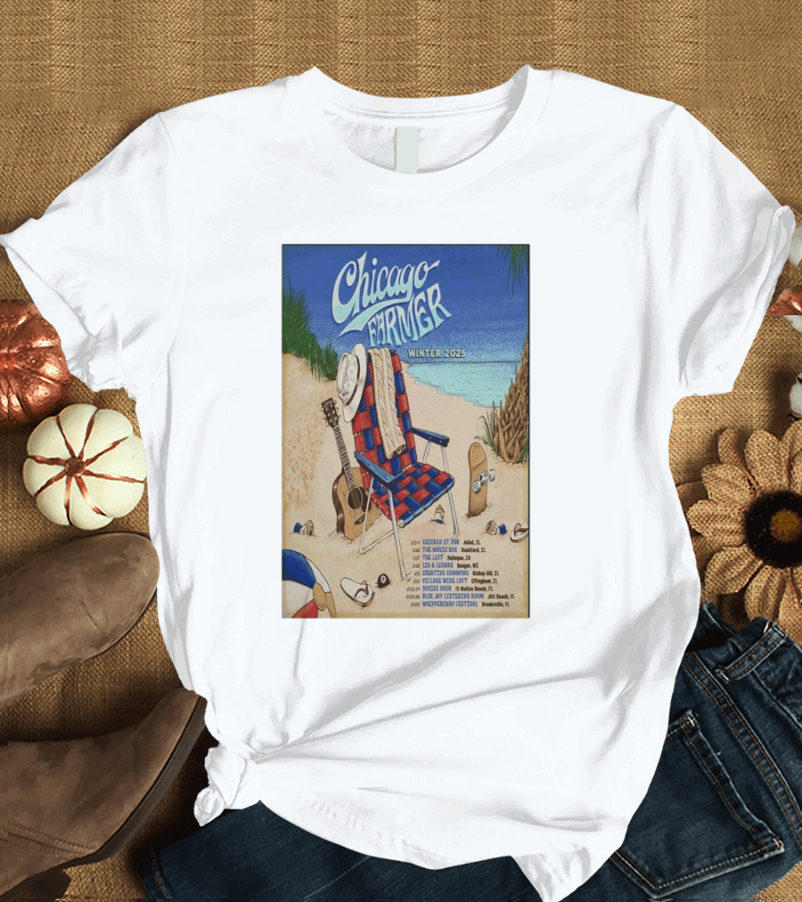 Chicago Farmer Tour Winter 2025 Beach Scene with Guitar and Hat T-Shirt