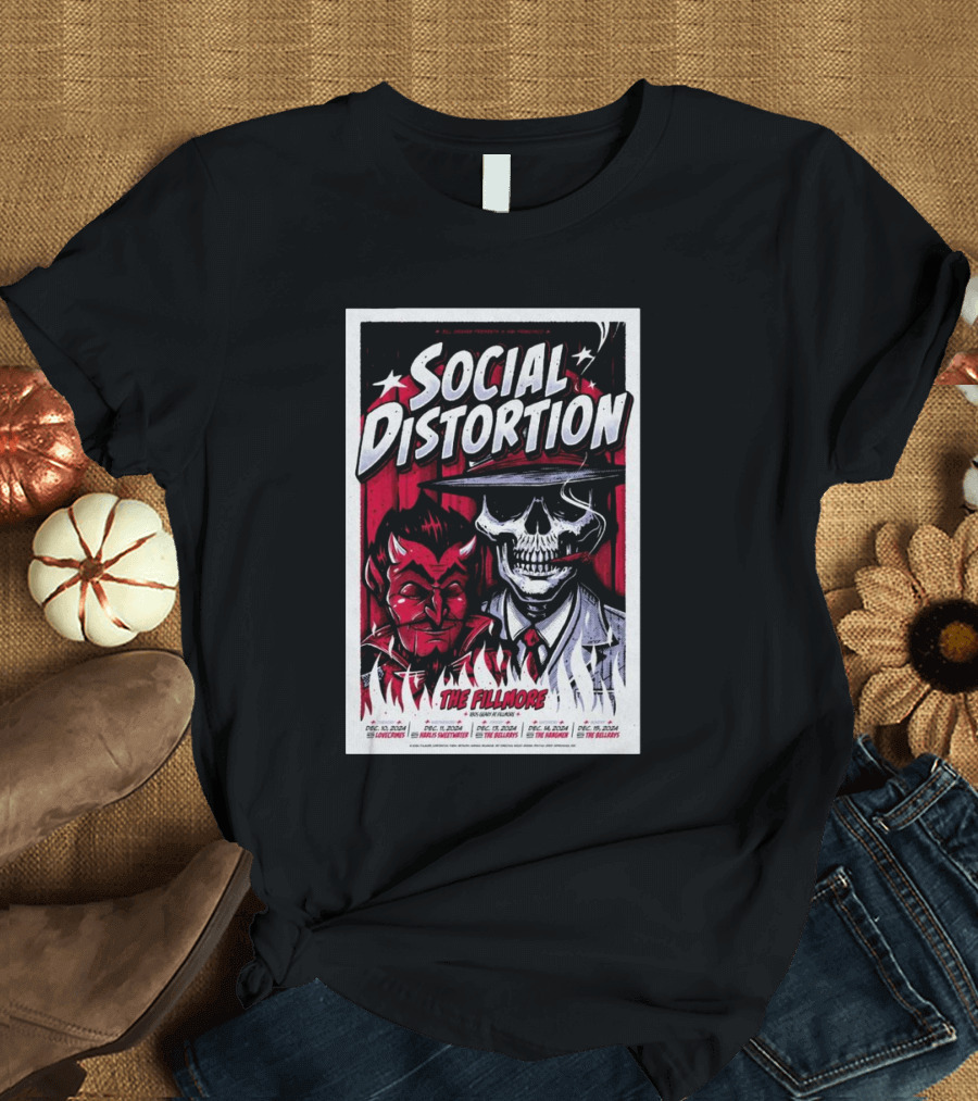 Social Distortion The Fillmore Dec 10-15 2024 San Francisco CA Skater Skeleton and Devil T-Shirt