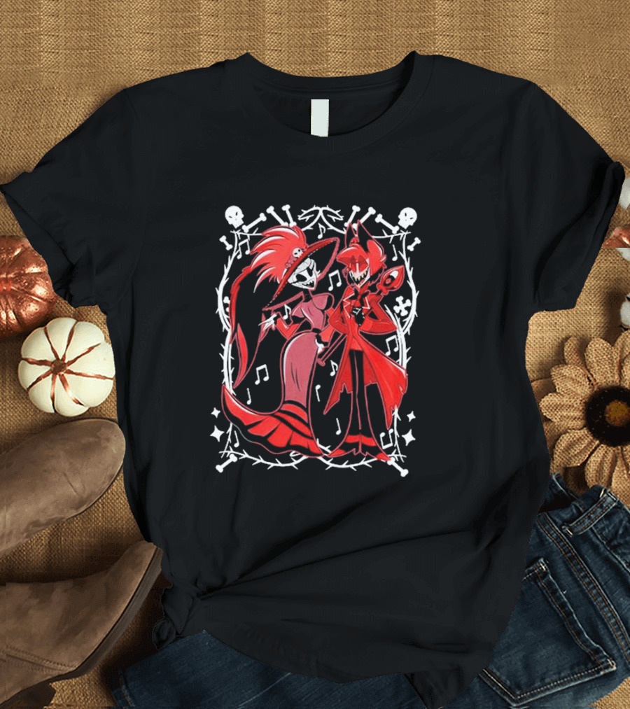 Hazbin Hotel Rosie and Alastor with Musical Notes and Skull Border T-Shirt