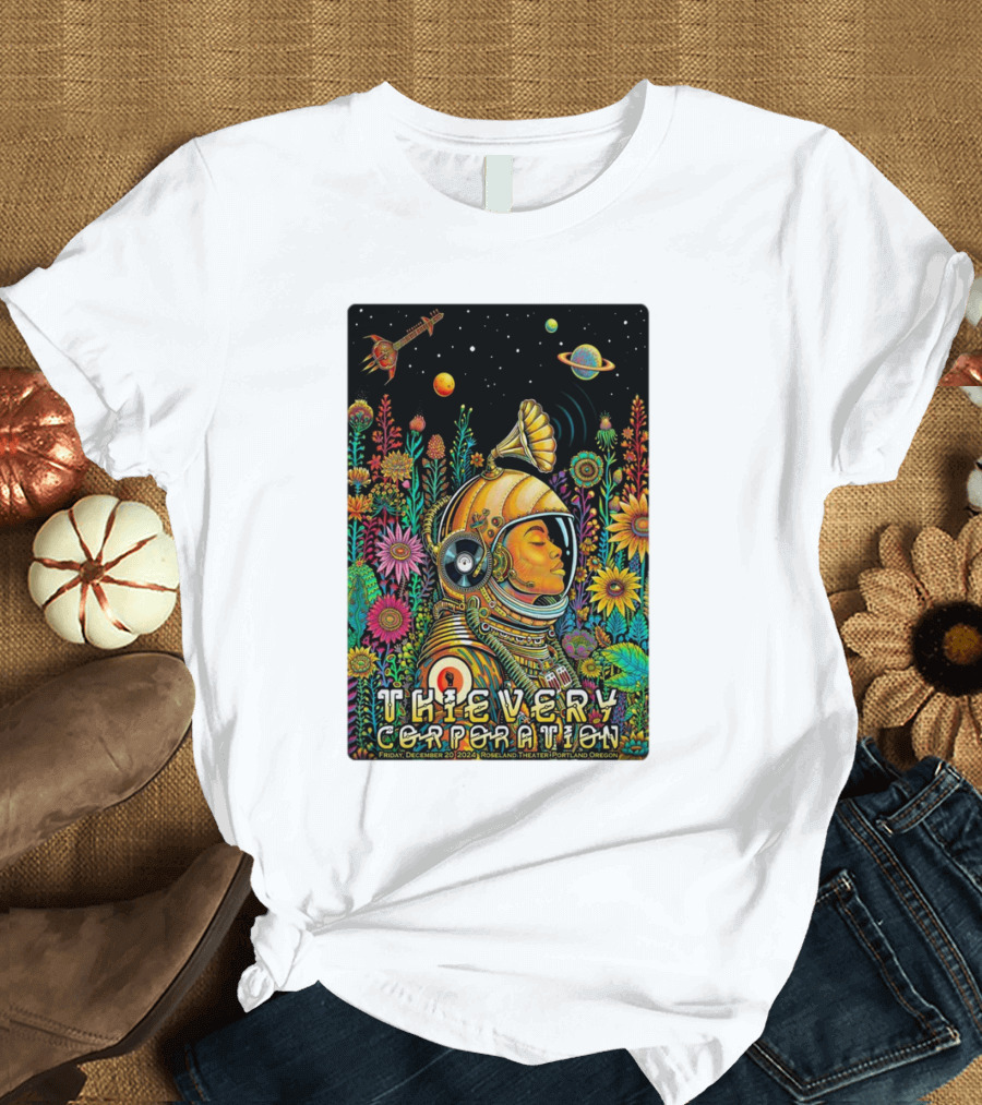 Thievery Corporation Space Astronaut Floral Concert Roseland Theater December 20 2024 Portland Oregon T-Shirt
