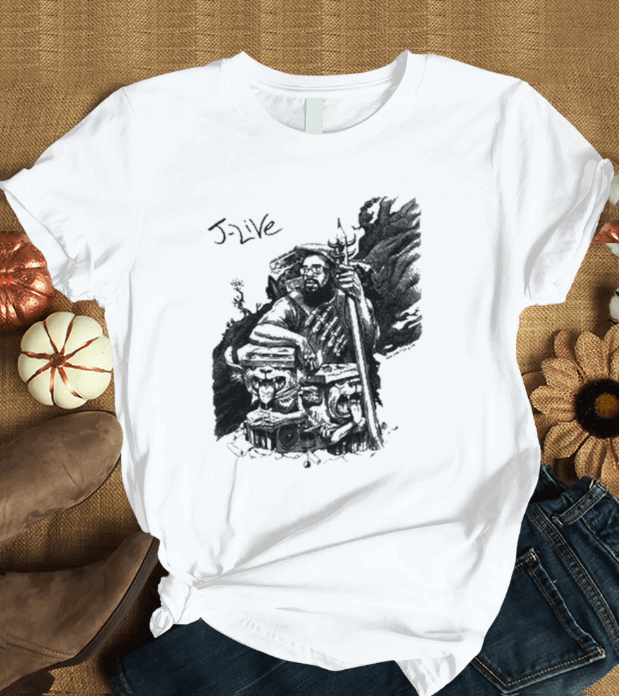 J-Live Realjlive Dan Lish Artwork Featuring Mythical Figures and Detailed T-Shirt