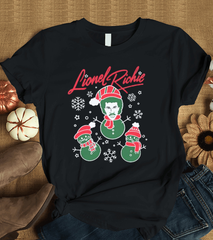 Lionel Richie Festive Snowman Trio with Red and Green Accents T-Shirt
