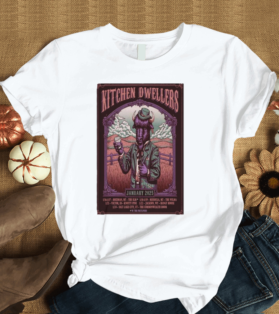 Kitchen Dwellers January 2025 Tour Poster Featuring Cowboy Buffalo with Tour Dates and Venues T-Shirt