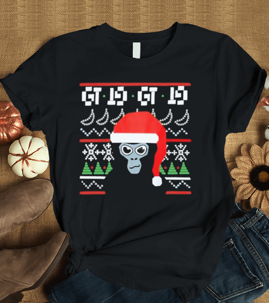 GT IS GT IS Festive Monke Claus Santa Hat Christmas Trees Snowflakes T-Shirt