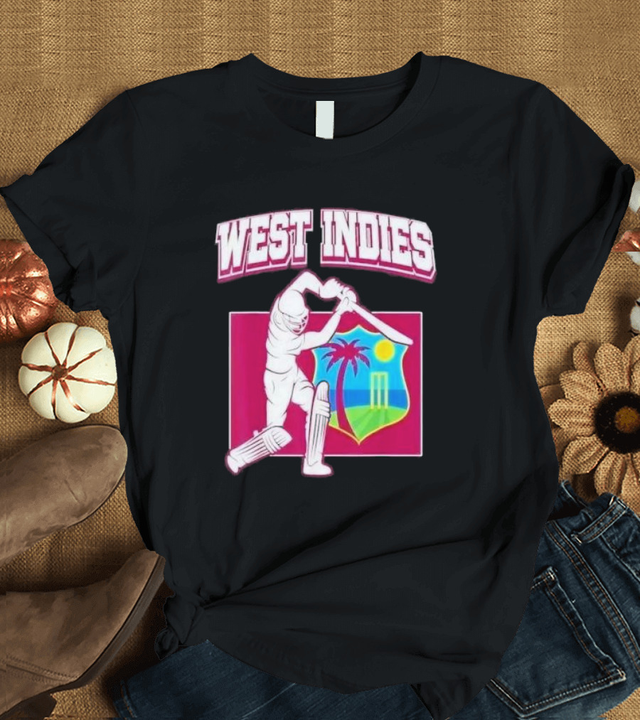 WEST INDIES CRICKET WINDIES LOGO BATSMAN PALM TREE STUMPS SUN CREST T-Shirt