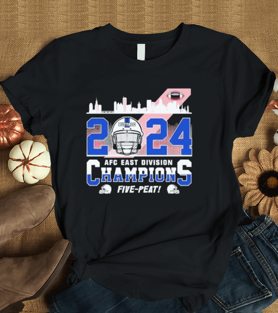 Buffalo 2024 AFC East Division Champions Five-Peat Football Helmet City Skyline T-Shirt