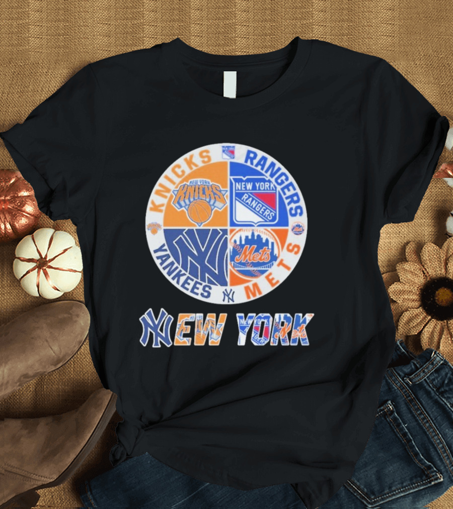 Knicks Rangers Yankees Mets New York Circle Logo Collaboration T-Shirt