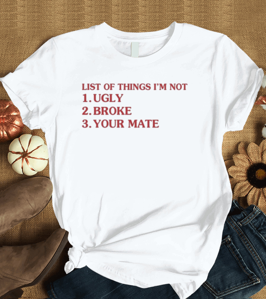 Bola Montana List Of Things I’m Not Ugly Broke Your Mate Text T-Shirt
