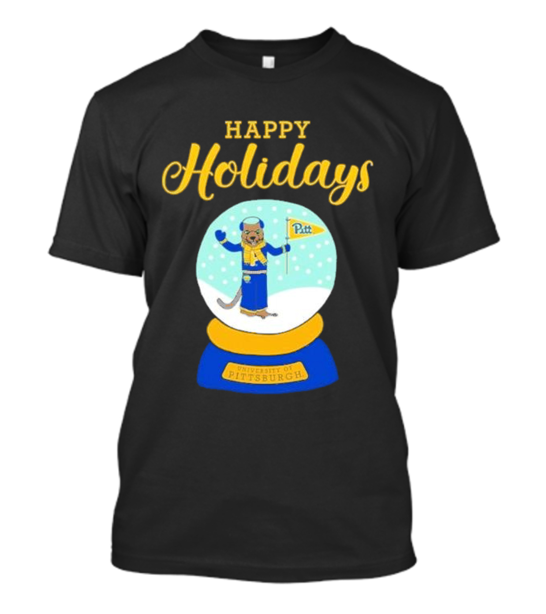 University Of Pittsburgh Pitt Roc Snow Globe Happy Holidays T-Shirt