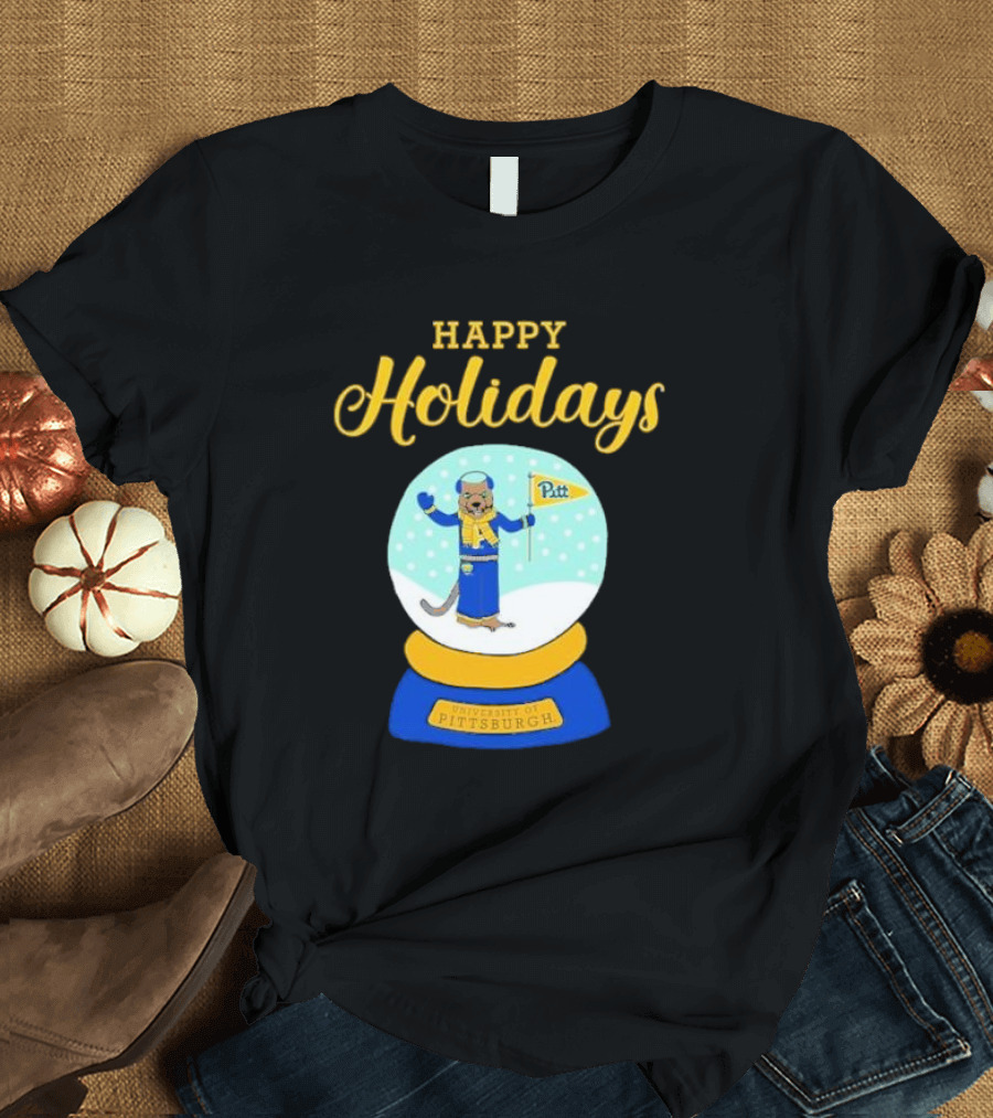 University of Pittsburgh Pitt Roc Snow Globe Happy Holidays T-Shirt